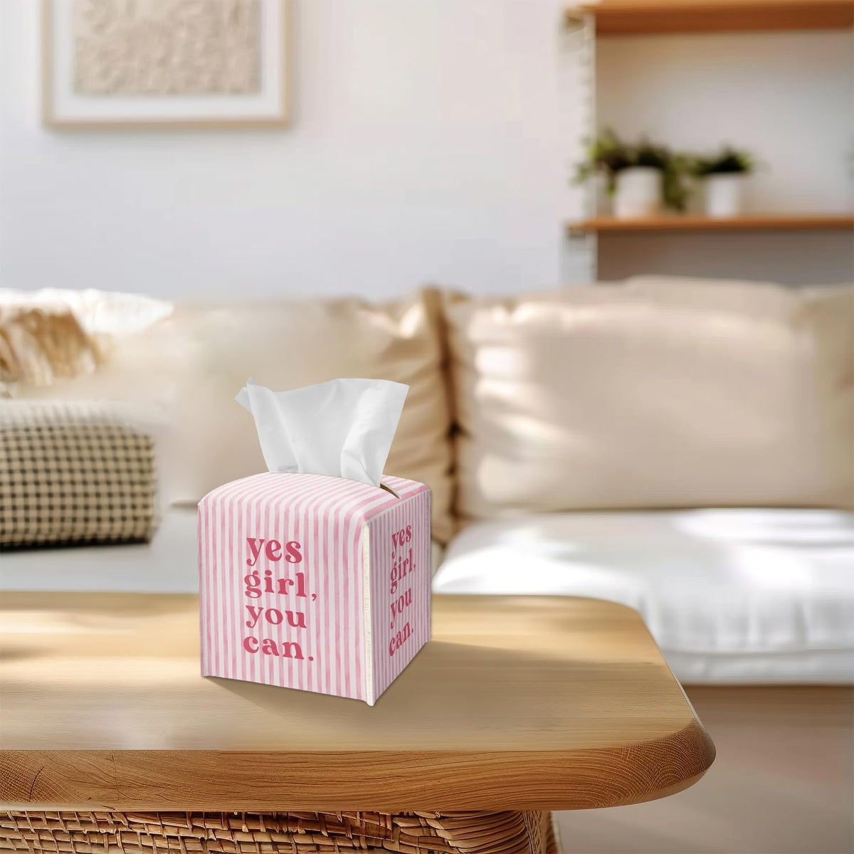 Pink Tissue Box Cover Square - Yes Girl You Can Tissue Box Holder with Bottom Belt, Leather Facial Paper Holder Decor for Bathroom Vanity Countertop, Nightstands, Dining Table, Office, Car -06