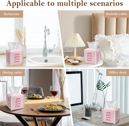 Pink Tissue Box Cover Square - Yes Girl You Can Tissue Box Holder with Bottom Belt, Leather Facial Paper Holder Decor for Bathroom Vanity Countertop, Nightstands, Dining Table, Office, Car -06