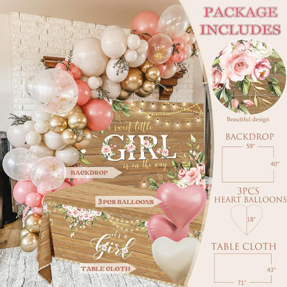 Baby Shower Decoration for Girl, Pink Rose Gold Baby Shower Party Supplies, Floral Gender Reveal Party Decor, Baby Boxes, Mom to Be Sash and Dad to Be Pin, Pink Balloon Arch Backdrop Tablecloth