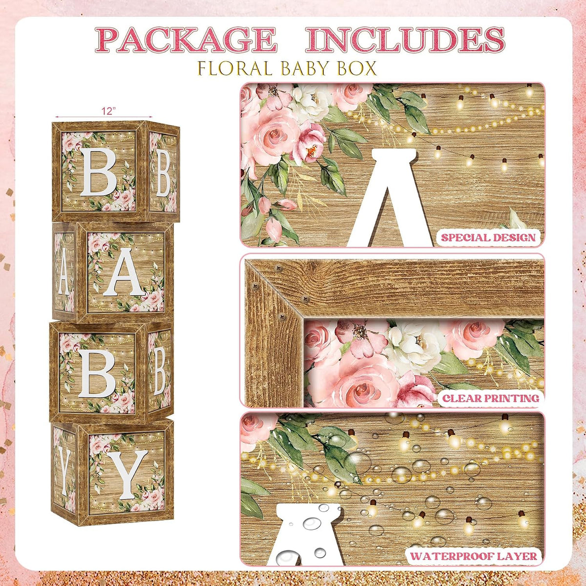Baby Shower Decoration for Girl, Pink Rose Gold Baby Shower Party Supplies, Floral Gender Reveal Party Decor, Baby Boxes, Mom to Be Sash and Dad to Be Pin, Pink Balloon Arch Backdrop Tablecloth
