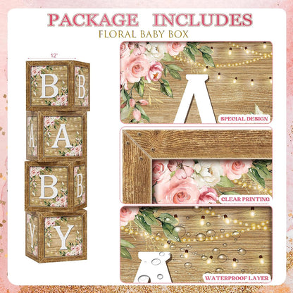 Baby Shower Decoration for Girl, Pink Rose Gold Baby Shower Party Supplies, Floral Gender Reveal Party Decor, Baby Boxes, Mom to Be Sash and Dad to Be Pin, Pink Balloon Arch Backdrop Tablecloth