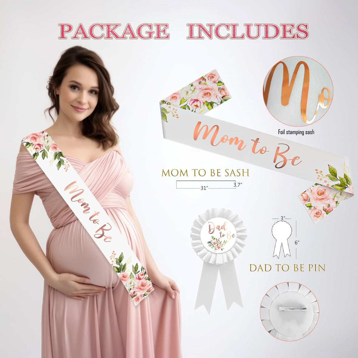 Baby Shower Decoration for Girl, Pink Rose Gold Baby Shower Party Supplies, Floral Gender Reveal Party Decor, Baby Boxes, Mom to Be Sash and Dad to Be Pin, Pink Balloon Arch Backdrop Tablecloth