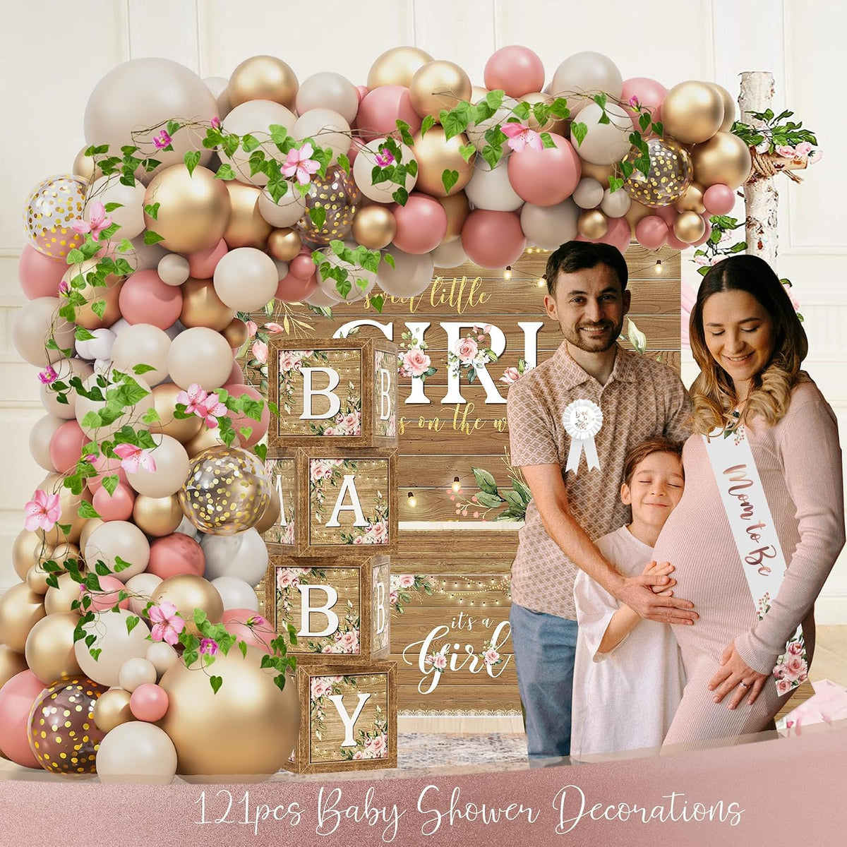 Baby Shower Decoration for Girl, Pink Rose Gold Baby Shower Party Supplies, Floral Gender Reveal Party Decor, Baby Boxes, Mom to Be Sash and Dad to Be Pin, Pink Balloon Arch Backdrop Tablecloth