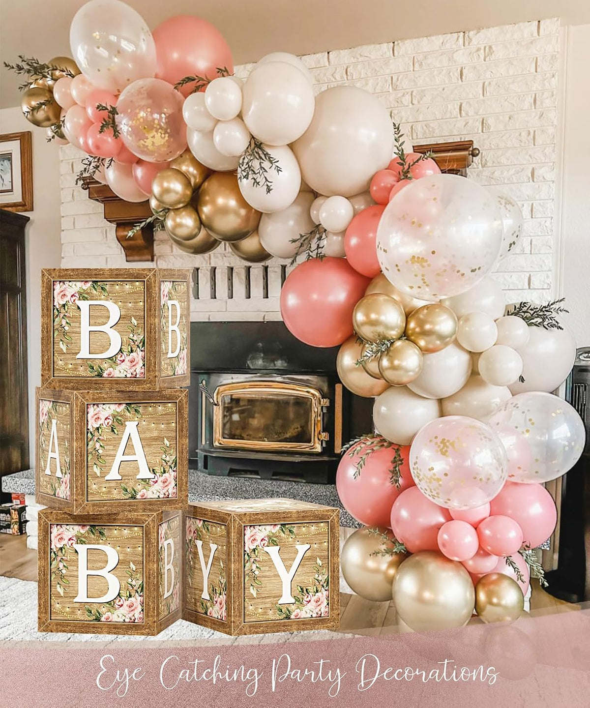 Baby Shower Decoration for Girl, Pink Rose Gold Baby Shower Party Supplies, Floral Gender Reveal Party Decor, Baby Boxes, Mom to Be Sash and Dad to Be Pin, Pink Balloon Arch Backdrop Tablecloth