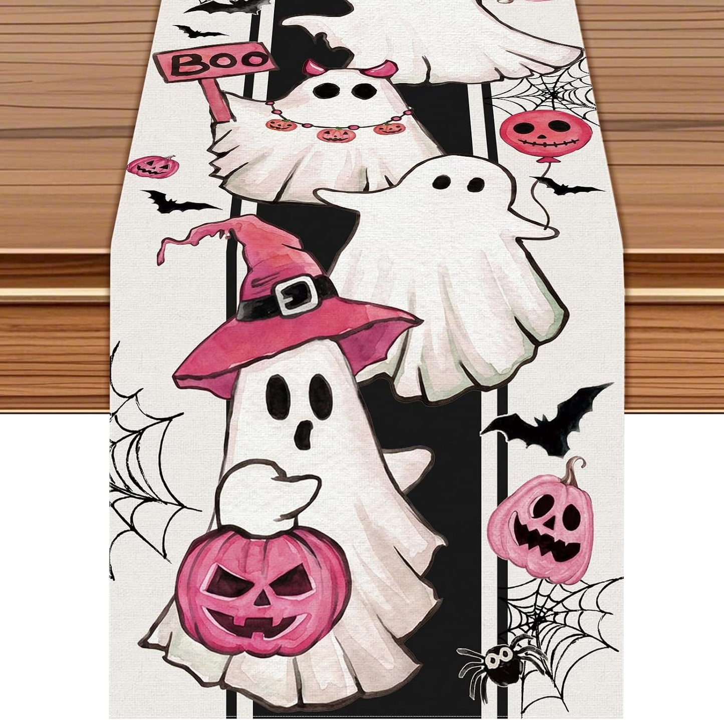 Halloween Spooky Cute Ghost Table Runner, Pink Pumpkin Boo,72x13 inch