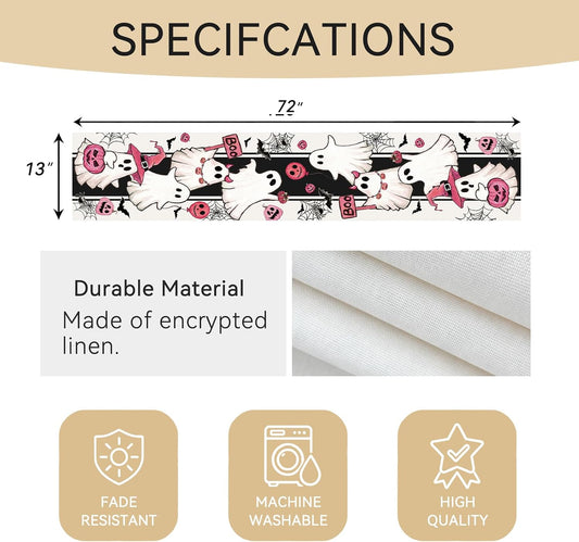 Halloween Spooky Cute Ghost Table Runner, Pink Pumpkin Boo,72x13 inch