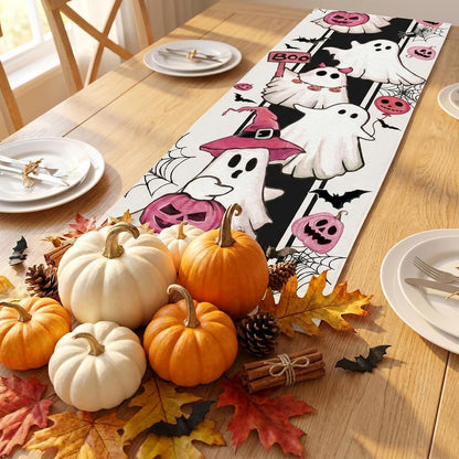 Halloween Spooky Cute Ghost Table Runner, Pink Pumpkin Boo,72x13 inch