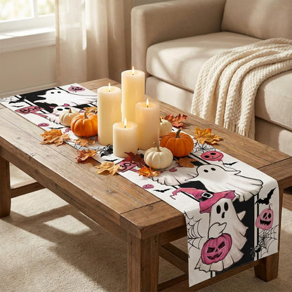Halloween Spooky Cute Ghost Table Runner, Pink Pumpkin Boo,72x13 inch