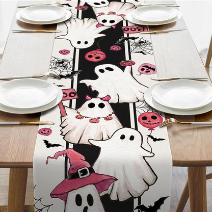 Halloween Spooky Cute Ghost Table Runner, Pink Pumpkin Boo,72x13 inch