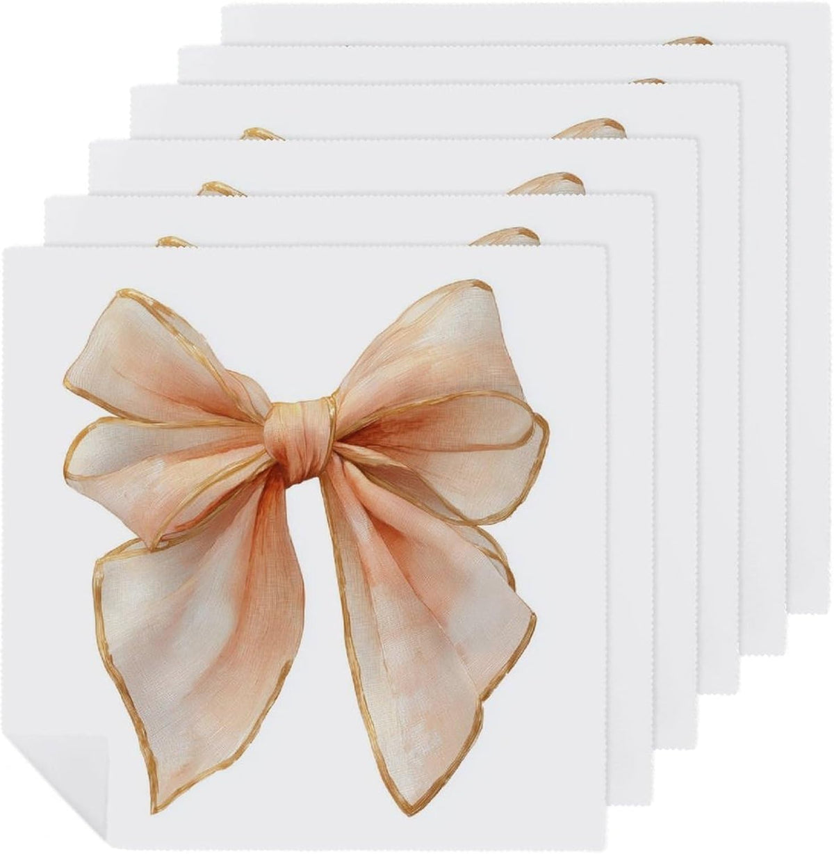 Cloth Napkins Set of 6, Watercolor Soft Silk Ribbon Bow in Pale Peach Square Premium Reusable Washable Polyester Table Linen Napkin