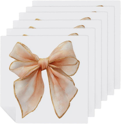 Cloth Napkins Set of 6, Watercolor Soft Silk Ribbon Bow in Pale Peach Square Premium Reusable Washable Polyester Table Linen Napkin