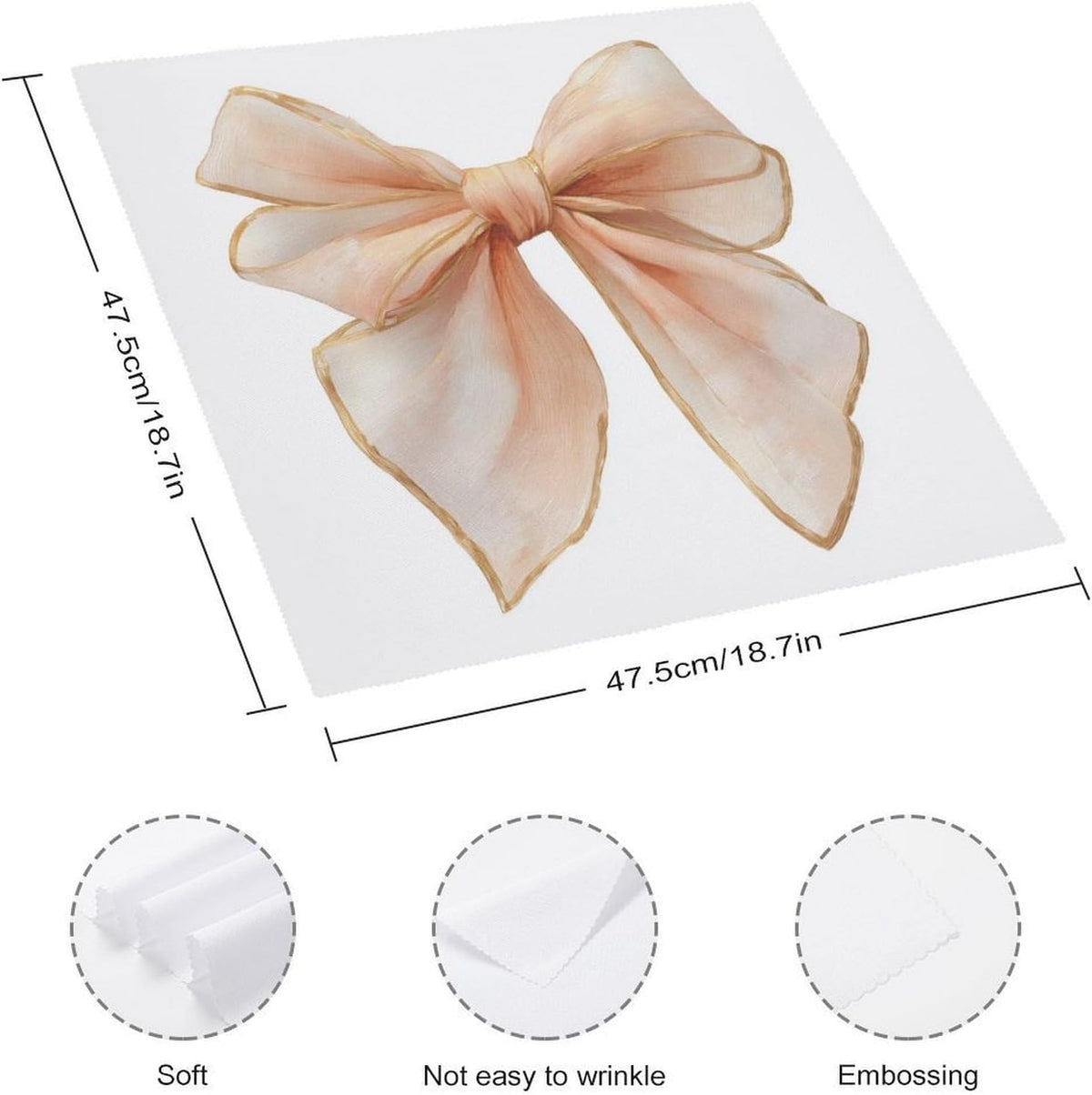 Cloth Napkins Set of 6, Watercolor Soft Silk Ribbon Bow in Pale Peach Square Premium Reusable Washable Polyester Table Linen Napkin