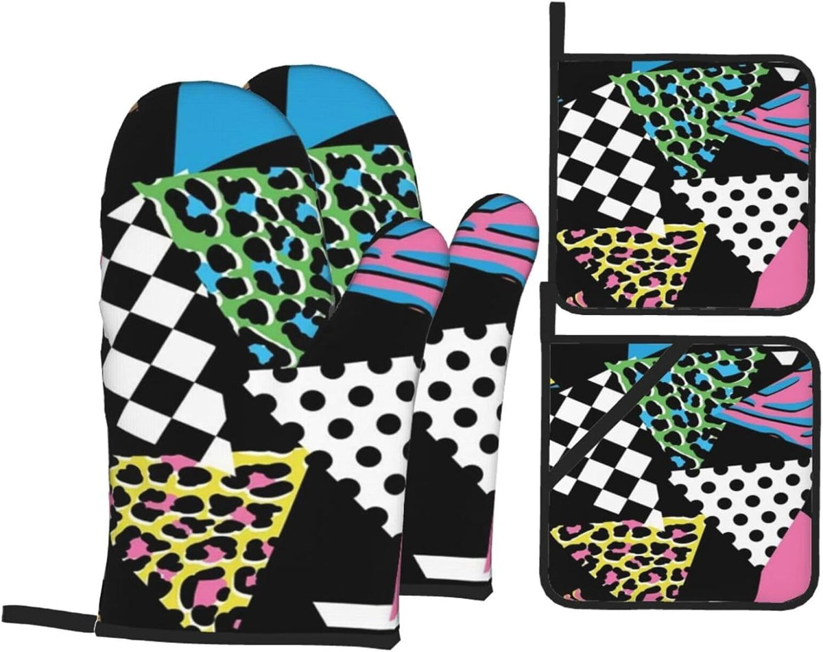 Pink Hipster Shapes 1980s Animal Memphis Black Geometric Line Stripes 4 Pack Custom Design Oven Mitts Pot Holders Set, Thick Polyester Kitchen Gloves for Home Baking Backyard Grilling