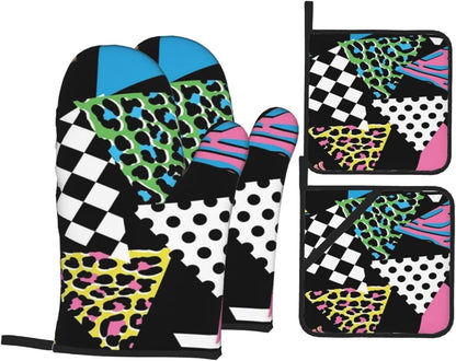 Pink Hipster Shapes 1980s Animal Memphis Black Geometric Line Stripes 4 Pack Custom Design Oven Mitts Pot Holders Set, Thick Polyester Kitchen Gloves for Home Baking Backyard Grilling