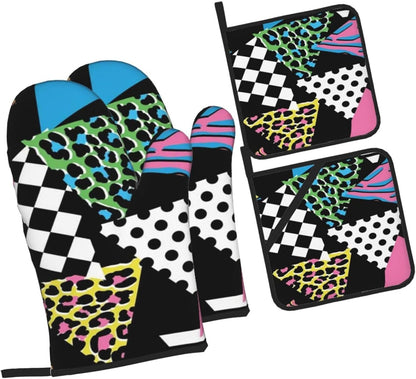 Pink Hipster Shapes 1980s Animal Memphis Black Geometric Line Stripes 4 Pack Custom Design Oven Mitts Pot Holders Set, Thick Polyester Kitchen Gloves for Home Baking Backyard Grilling