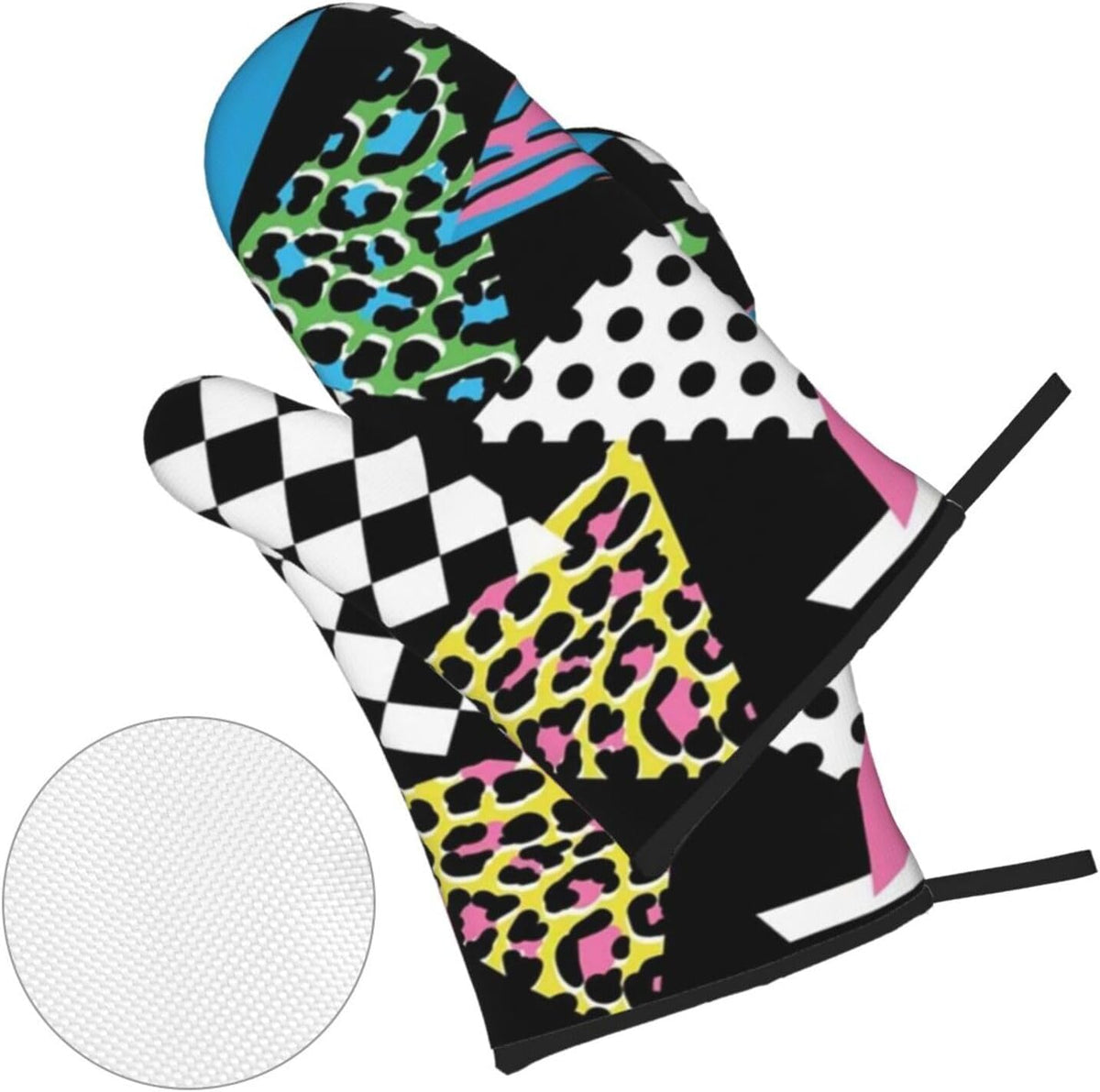 Pink Hipster Shapes 1980s Animal Memphis Black Geometric Line Stripes 4 Pack Custom Design Oven Mitts Pot Holders Set, Thick Polyester Kitchen Gloves for Home Baking Backyard Grilling