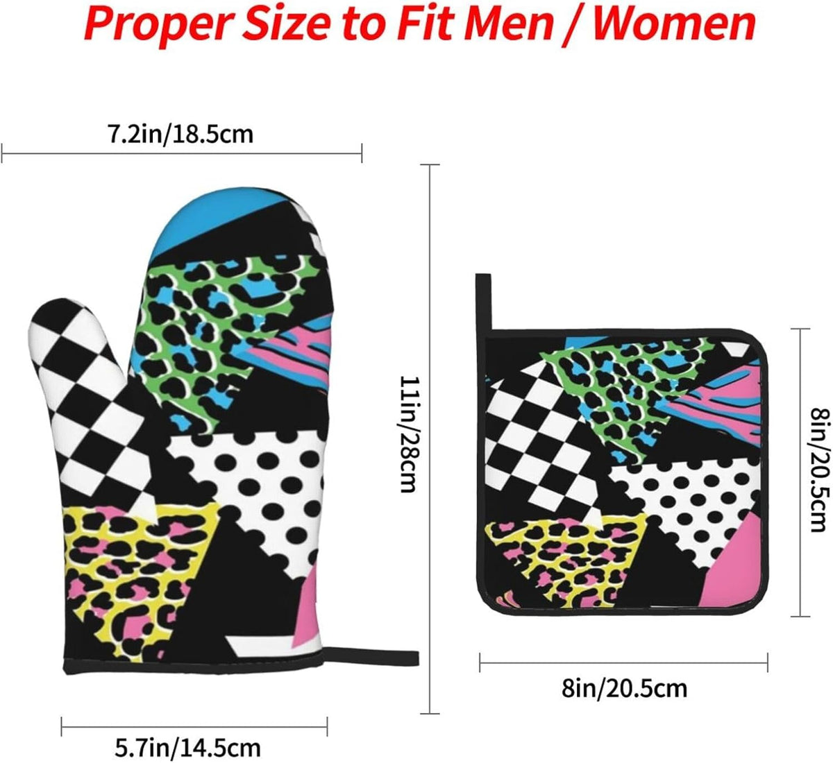 Pink Hipster Shapes 1980s Animal Memphis Black Geometric Line Stripes 4 Pack Custom Design Oven Mitts Pot Holders Set, Thick Polyester Kitchen Gloves for Home Baking Backyard Grilling