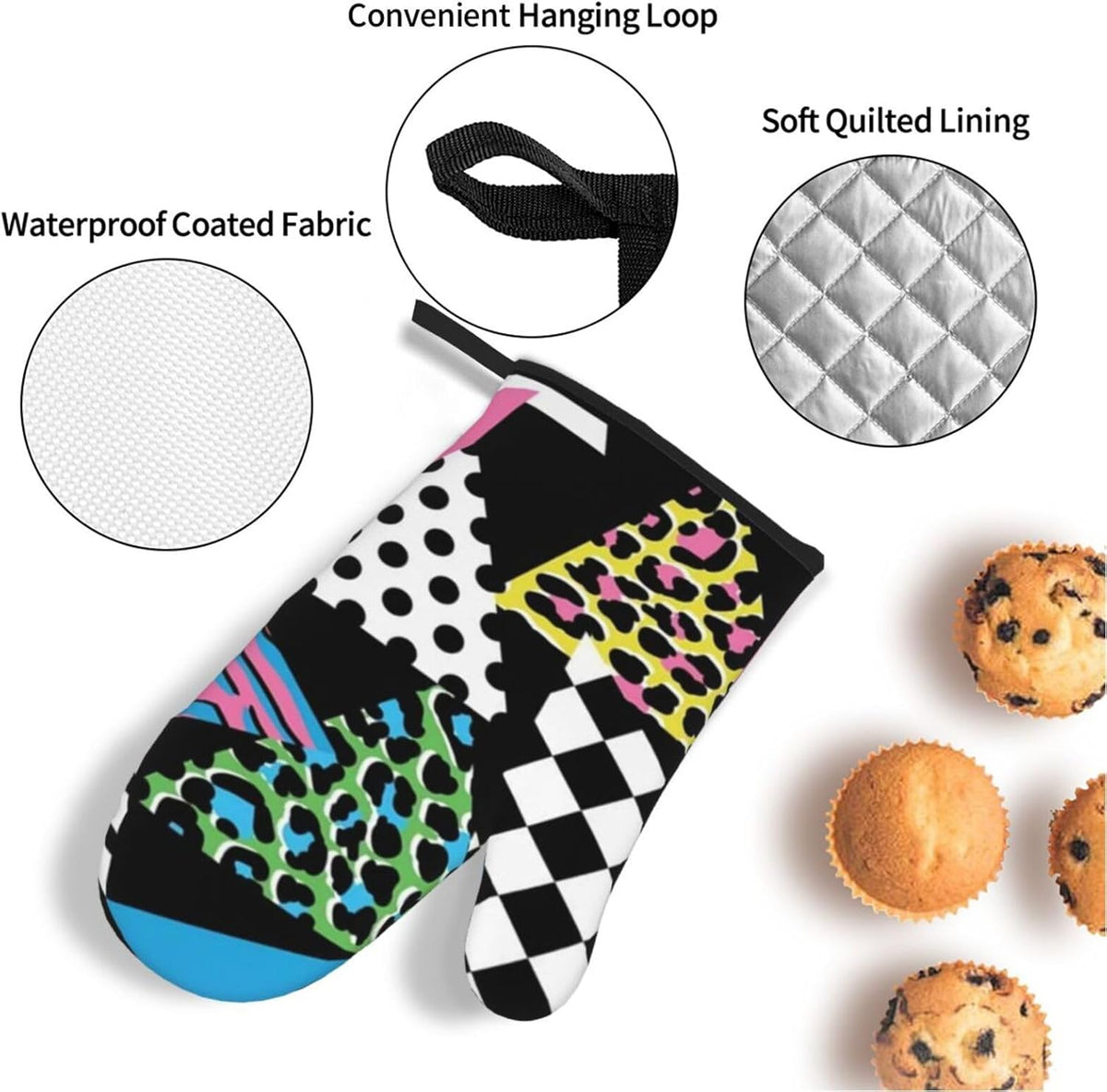Pink Hipster Shapes 1980s Animal Memphis Black Geometric Line Stripes 4 Pack Custom Design Oven Mitts Pot Holders Set, Thick Polyester Kitchen Gloves for Home Baking Backyard Grilling