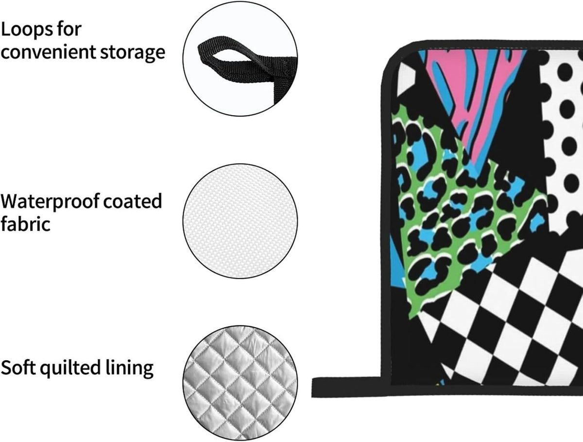 Pink Hipster Shapes 1980s Animal Memphis Black Geometric Line Stripes 4 Pack Custom Design Oven Mitts Pot Holders Set, Thick Polyester Kitchen Gloves for Home Baking Backyard Grilling