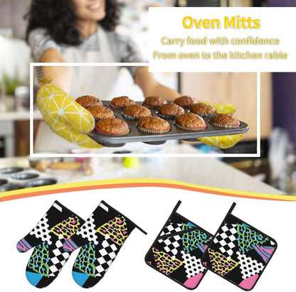 Pink Hipster Shapes 1980s Animal Memphis Black Geometric Line Stripes 4 Pack Custom Design Oven Mitts Pot Holders Set, Thick Polyester Kitchen Gloves for Home Baking Backyard Grilling
