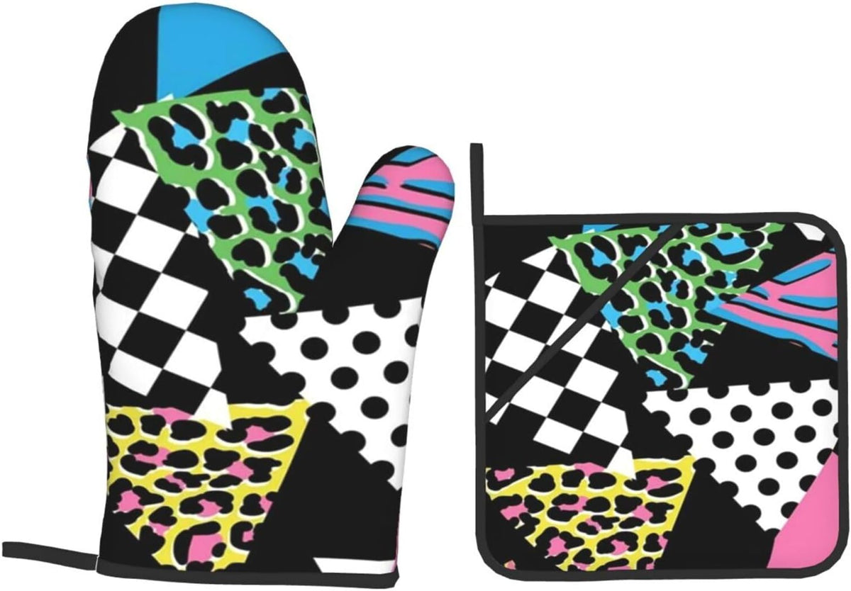 Pink Hipster Shapes 1980s Animal Memphis Black Geometric Line Stripes 4 Pack Custom Design Oven Mitts Pot Holders Set, Thick Polyester Kitchen Gloves for Home Baking Backyard Grilling