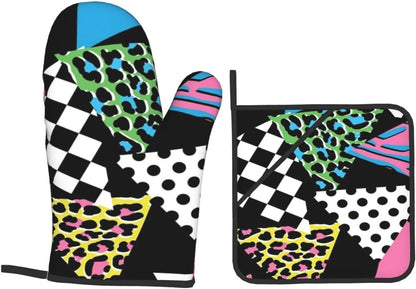 Pink Hipster Shapes 1980s Animal Memphis Black Geometric Line Stripes 4 Pack Custom Design Oven Mitts Pot Holders Set, Thick Polyester Kitchen Gloves for Home Baking Backyard Grilling