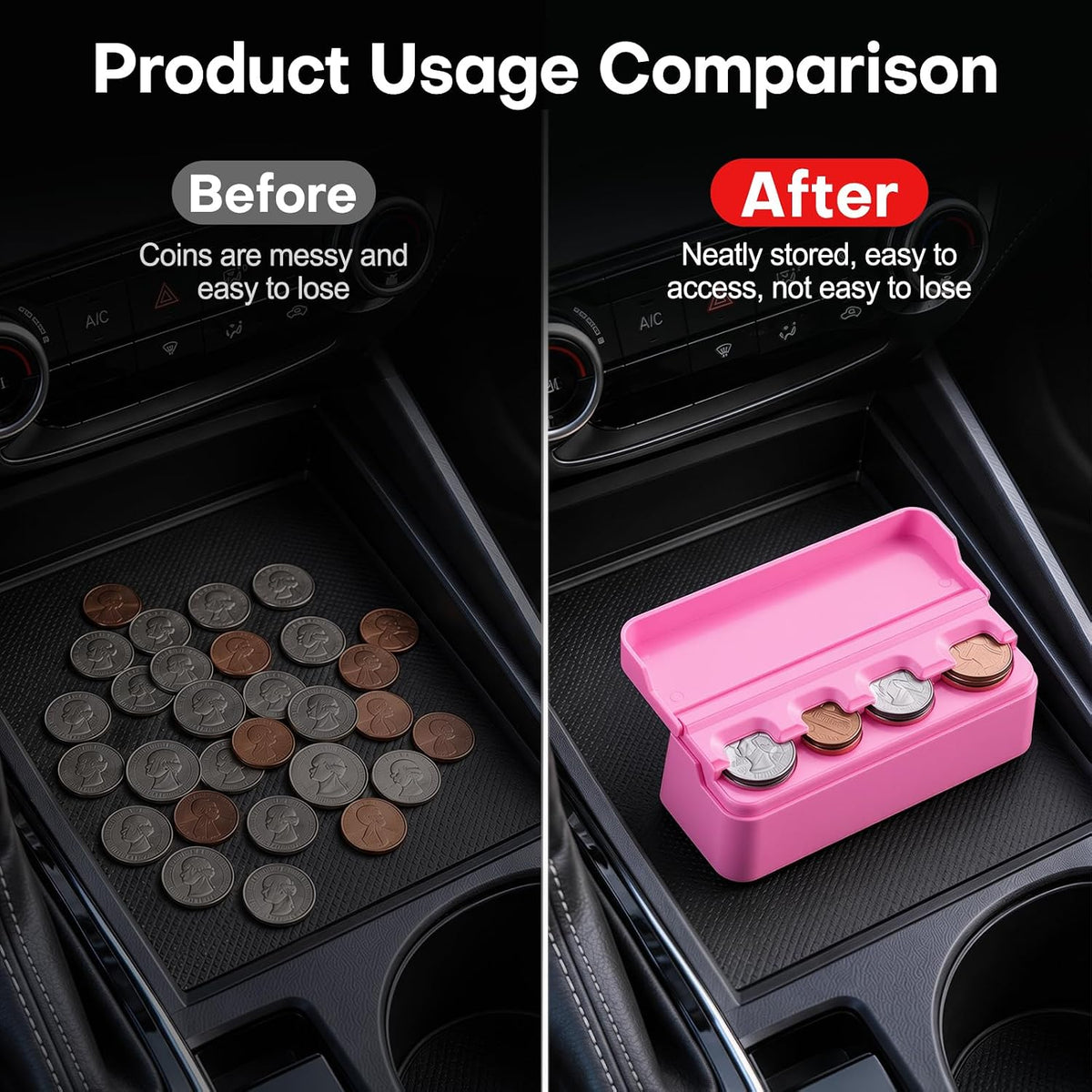 Coin Holder for Car, Coin Change Organizer Compatible with Coins of Different Sizes, Dash-Mounted Holder Suitable for Most Cars, Trucks(Pink)