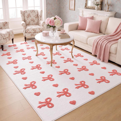 3D Bow Area Rug 4x6 ft Pink Heart Non-Slip Washable for Bedroom