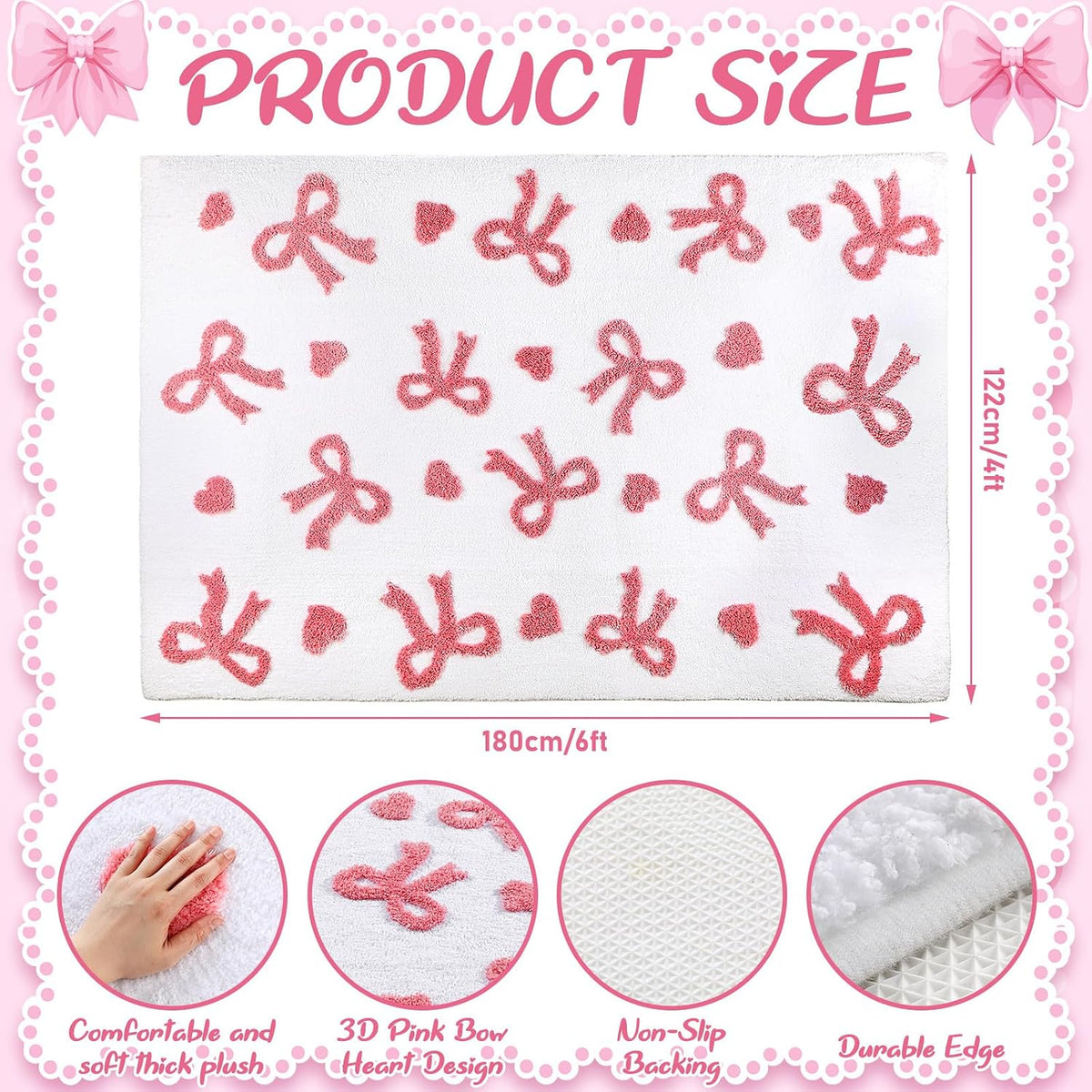 3D Bow Area Rug 4x6 ft Pink Heart Non-Slip Washable for Bedroom