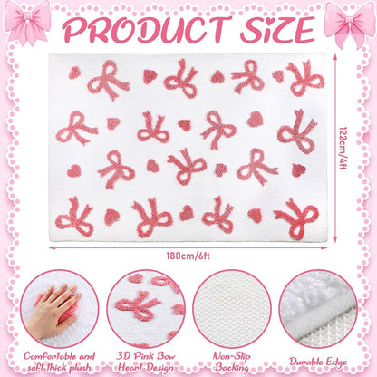 3D Bow Area Rug 4x6 ft Pink Heart Non-Slip Washable for Bedroom