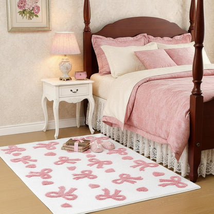3D Bow Area Rug 4x6 ft Pink Heart Non-Slip Washable for Bedroom