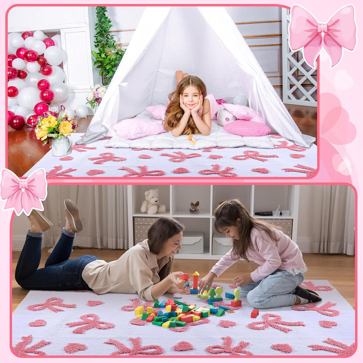 3D Bow Area Rug 4x6 ft Pink Heart Non-Slip Washable for Bedroom