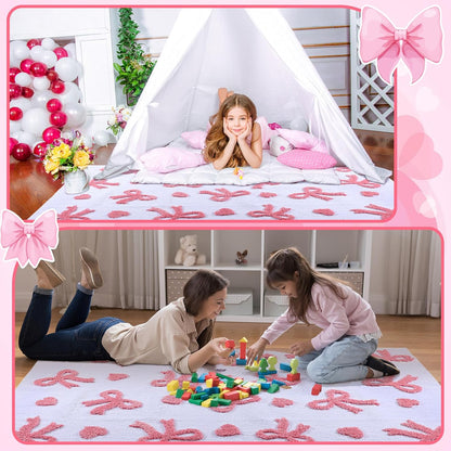 3D Bow Area Rug 4x6 ft Pink Heart Non-Slip Washable for Bedroom