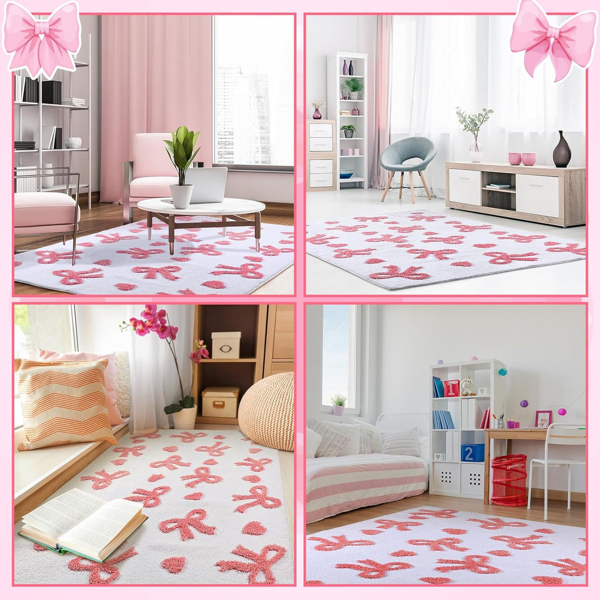 3D Bow Area Rug 4x6 ft Pink Heart Non-Slip Washable for Bedroom