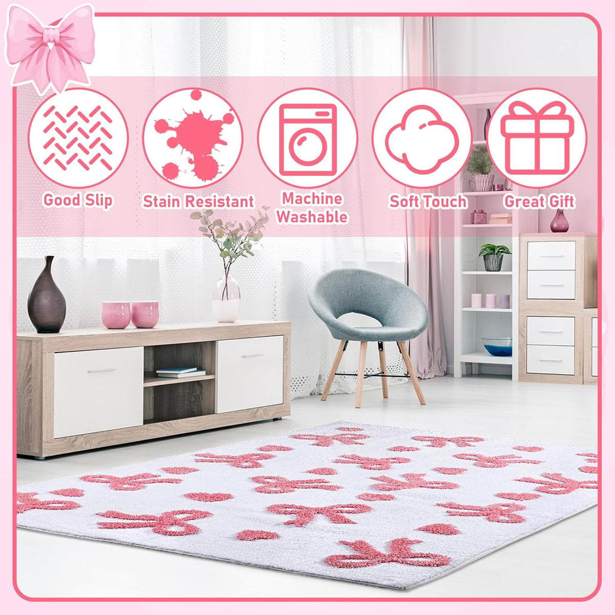 3D Bow Area Rug 4x6 ft Pink Heart Non-Slip Washable for Bedroom