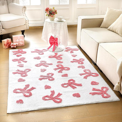 3D Bow Area Rug 4x6 ft Pink Heart Non-Slip Washable for Bedroom