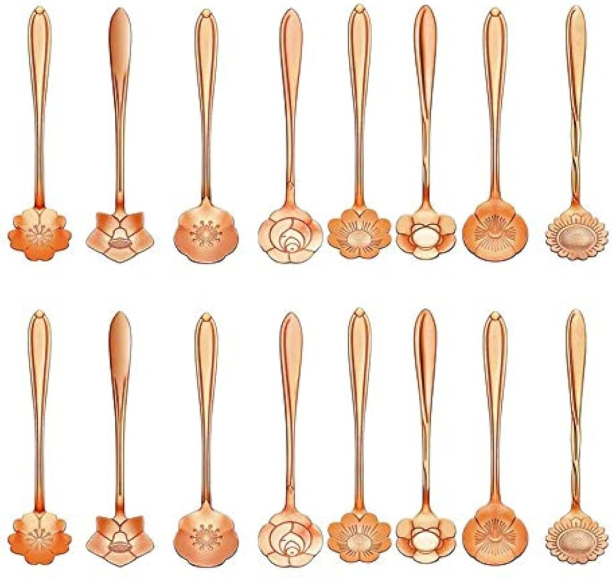 16-Piece Stainless Steel Tableware - Creative Flower Design Coffee, Sugar, Tea & Stir Spoons, 8 Patterns, 2 Sets (Rose Gold)