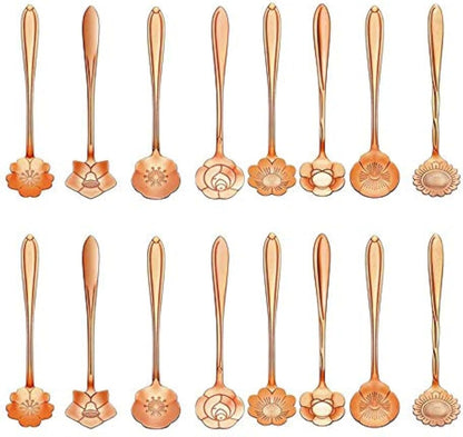 16-Piece Stainless Steel Tableware - Creative Flower Design Coffee, Sugar, Tea & Stir Spoons, 8 Patterns, 2 Sets (Rose Gold)