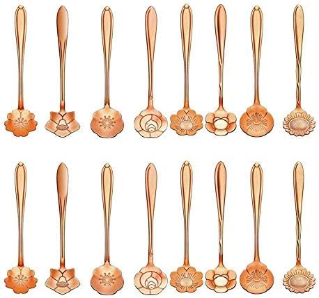 16-Piece Stainless Steel Tableware - Creative Flower Design Coffee, Sugar, Tea & Stir Spoons, 8 Patterns, 2 Sets (Rose Gold)