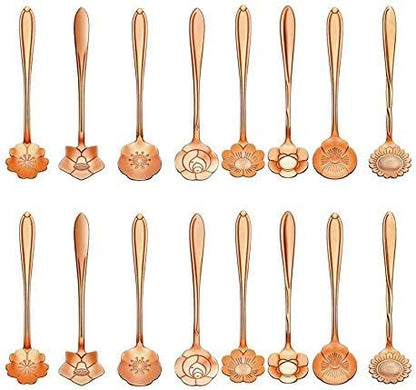 16-Piece Stainless Steel Tableware - Creative Flower Design Coffee, Sugar, Tea & Stir Spoons, 8 Patterns, 2 Sets (Rose Gold)