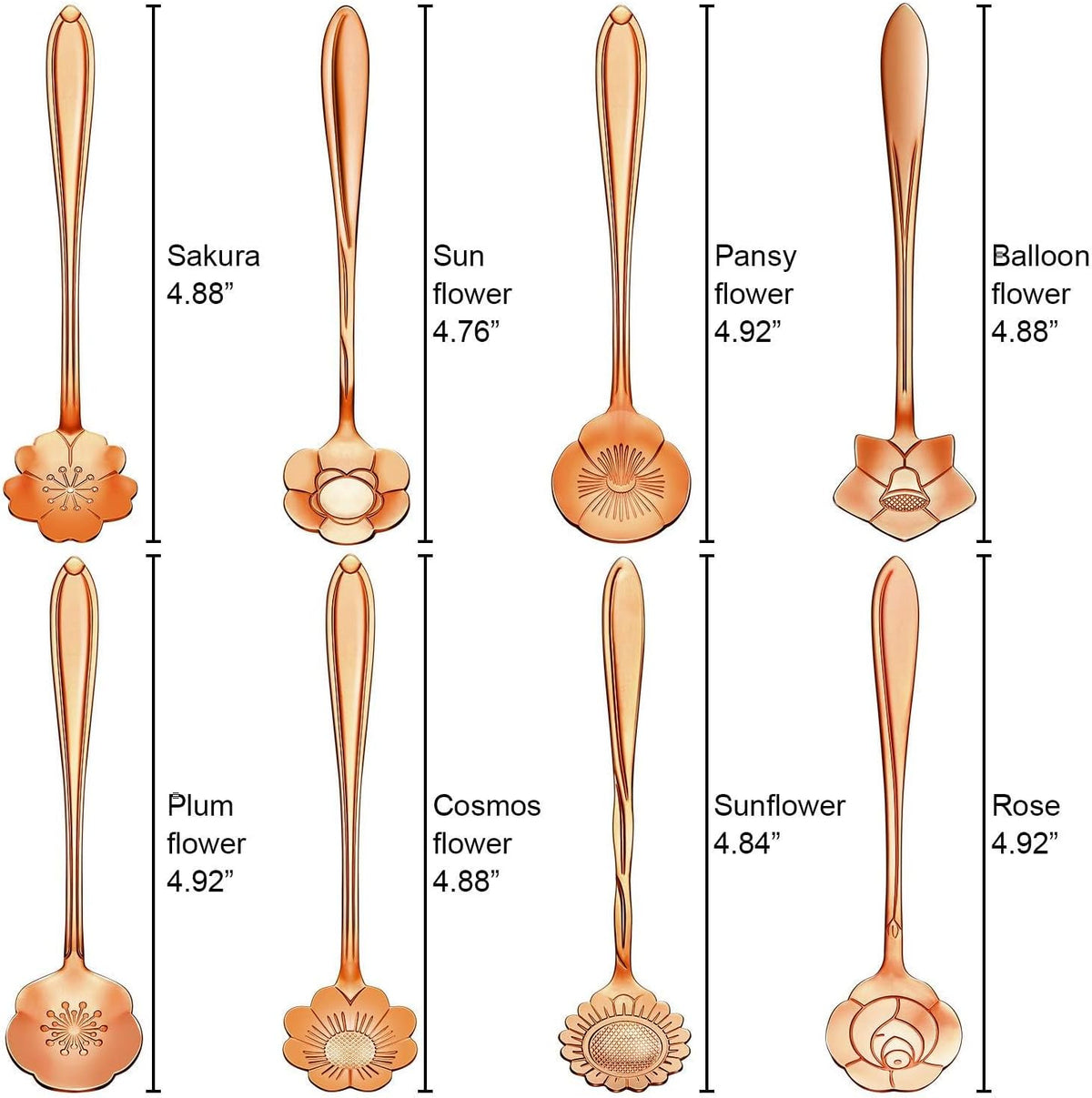 16-Piece Stainless Steel Tableware - Creative Flower Design Coffee, Sugar, Tea & Stir Spoons, 8 Patterns, 2 Sets (Rose Gold)