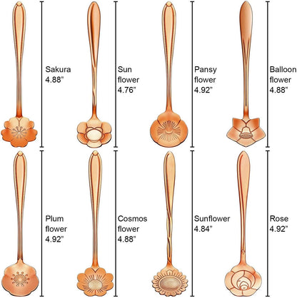 16-Piece Stainless Steel Tableware - Creative Flower Design Coffee, Sugar, Tea & Stir Spoons, 8 Patterns, 2 Sets (Rose Gold)