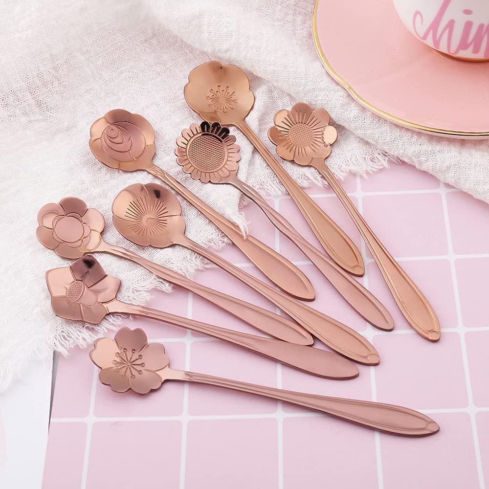 16-Piece Stainless Steel Tableware - Creative Flower Design Coffee, Sugar, Tea & Stir Spoons, 8 Patterns, 2 Sets (Rose Gold)