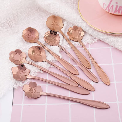 16-Piece Stainless Steel Tableware - Creative Flower Design Coffee, Sugar, Tea & Stir Spoons, 8 Patterns, 2 Sets (Rose Gold)