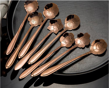 16-Piece Stainless Steel Tableware - Creative Flower Design Coffee, Sugar, Tea & Stir Spoons, 8 Patterns, 2 Sets (Rose Gold)