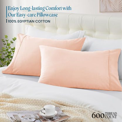 Standard 20"x26" Pillow Cases - 2 Pack - Envelope Closure 600 Thread Count Egyptian Cotton Pillow Case Breathable & Skin-Friendly Peach Solid