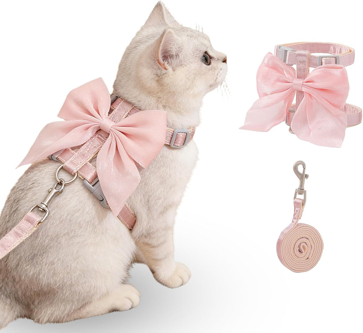 Pink Bow Cat Harness and Leash Set, Escape Proof, S