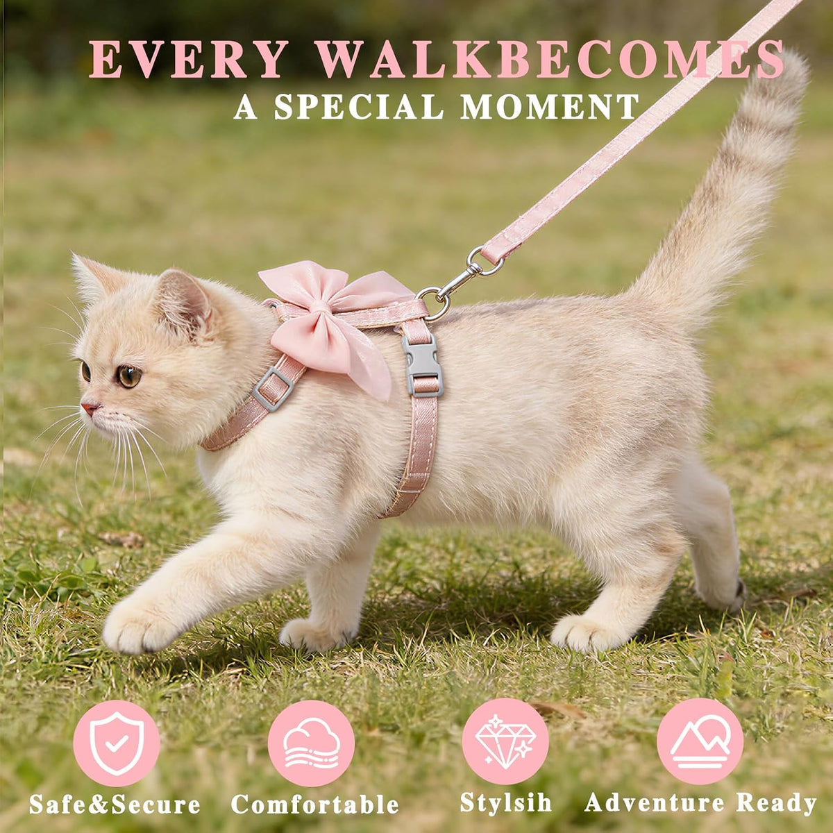 Pink Bow Cat Harness and Leash Set, Escape Proof, S