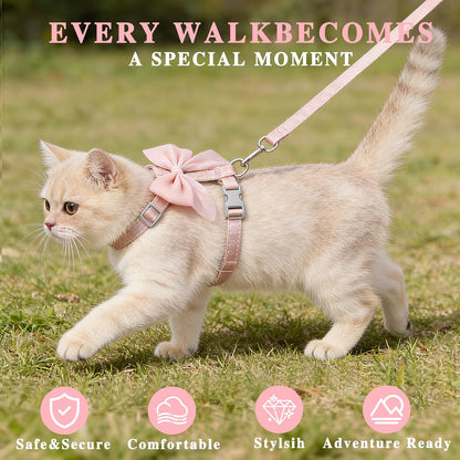 Pink Bow Cat Harness and Leash Set, Escape Proof, S