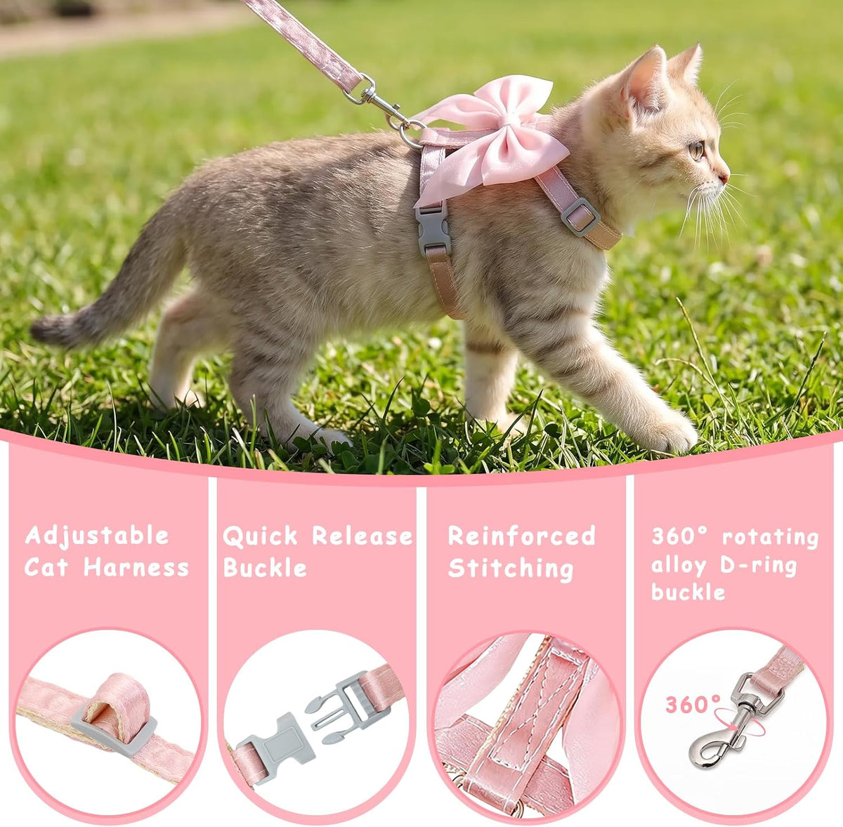 Pink Bow Cat Harness and Leash Set, Escape Proof, S
